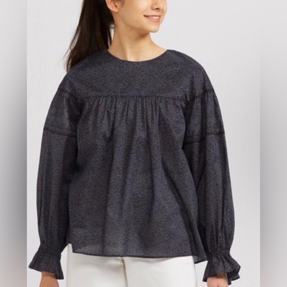 Anna Sui x Uniqlo Blue and Black Peasant Top Floral Puff Small Milkmaid Blouse‎